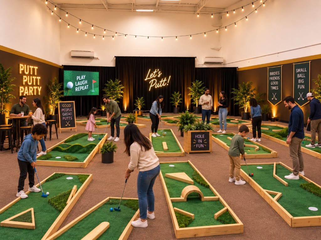 Friends and families playing indoor putt putt at The Valley Clubhouse