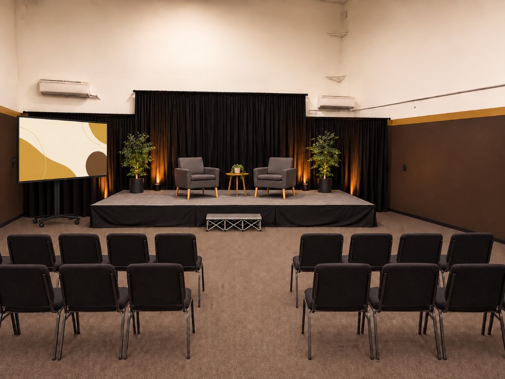 A staged talk setup inside The Valley Clubhouse