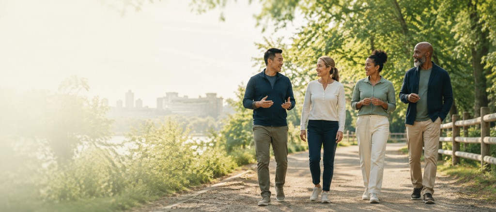Four people walking and talking together on a sunlit path