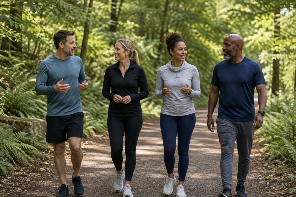 A small group walking together through trees