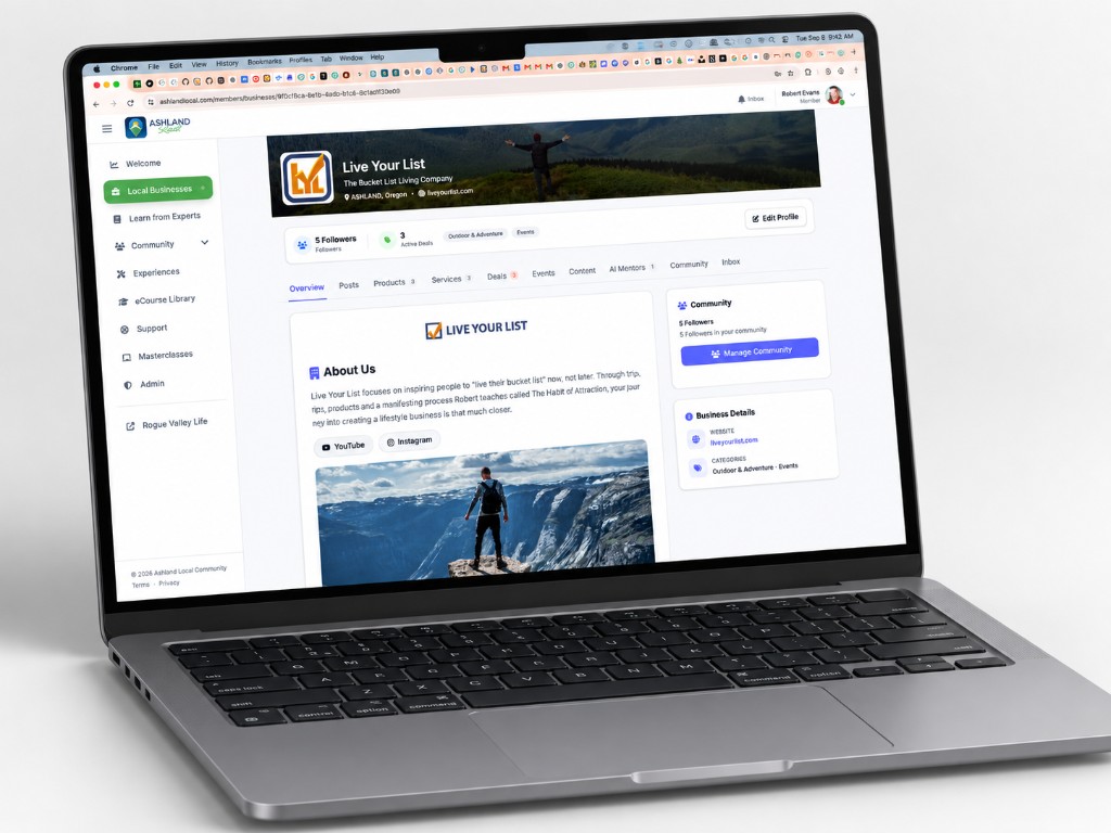 Ashland Local business profile displayed on a laptop, showing a rich local business presence with deals, events, and community features