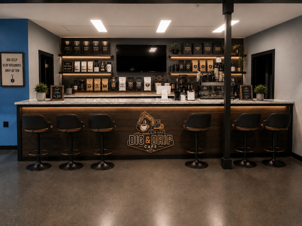 The Dig & Drip service counter glowing under warm light
