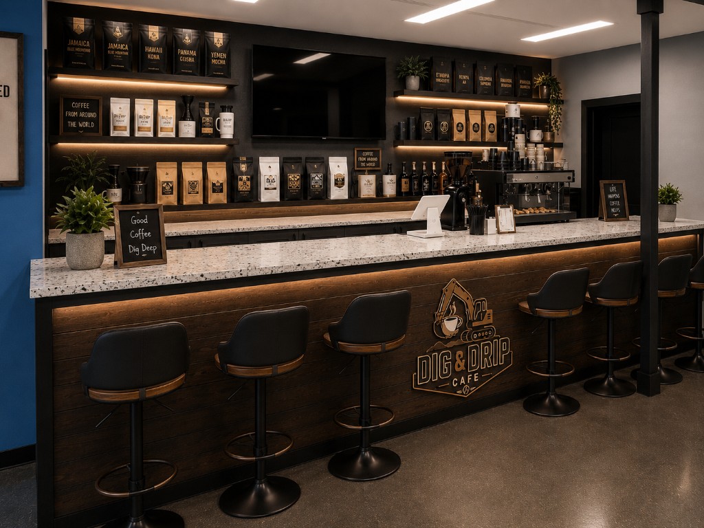 The Dig & Drip coffee bar with warm wood, stone, and glowing shelves
