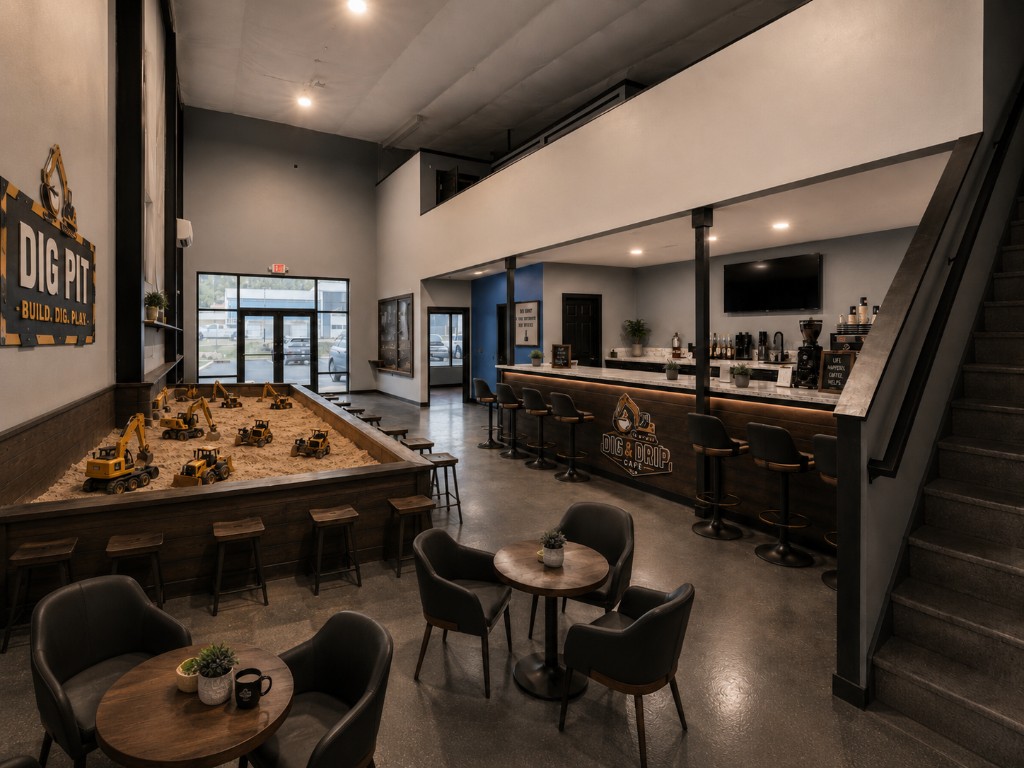 The Dig & Drip Cafe interior, with the coffee bar and Dig Pit beyond