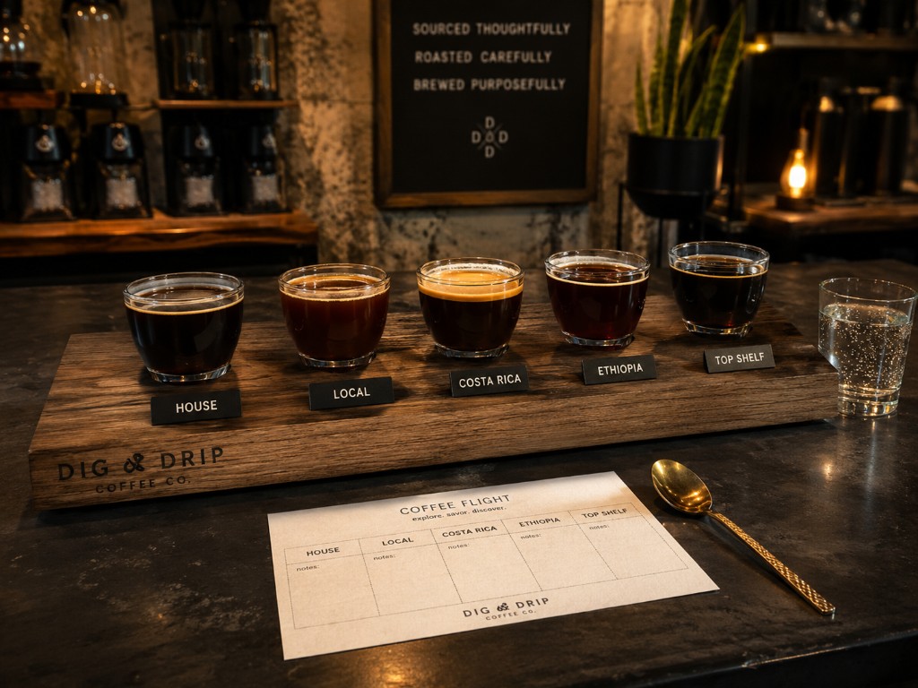 A Dig & Drip coffee flight arranged on a dark wood board