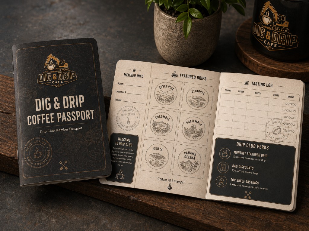 The Dig & Drip Coffee Passport and a branded mug