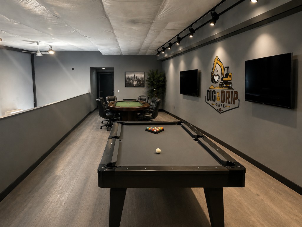 The Dig & Drip lounge with games and gathering tables