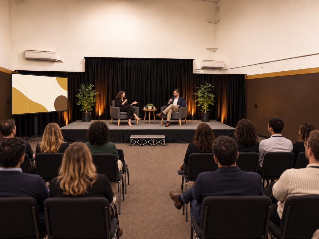 Two speakers on stage in conversation while an audience watches from seated chairs