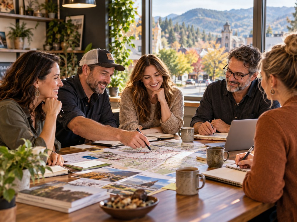 Local business leaders gathered around a table collaborating on Ashland Local ideas