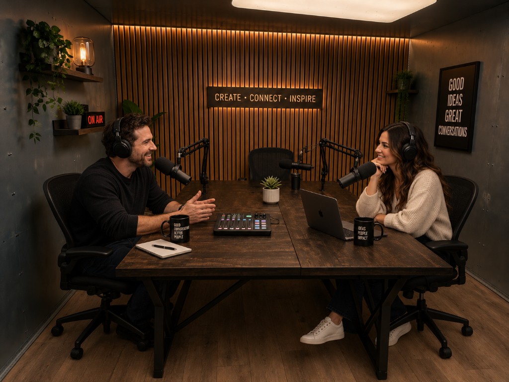 Podcast interview recording in a professional studio